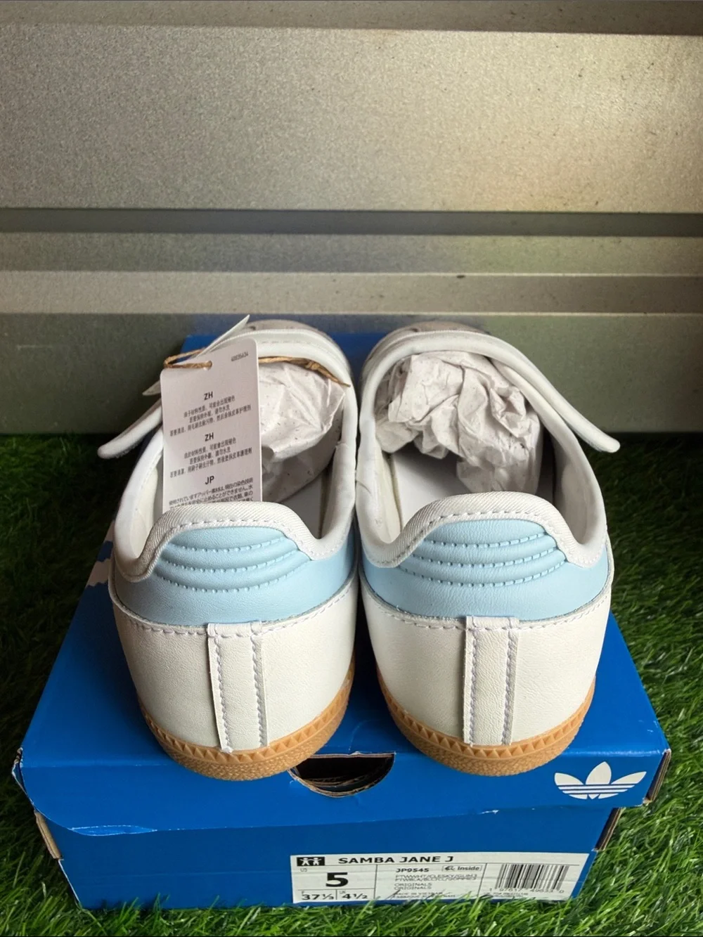 adidas Kids Samba Jane J White & Light Blue Sneakers with Gum Sole